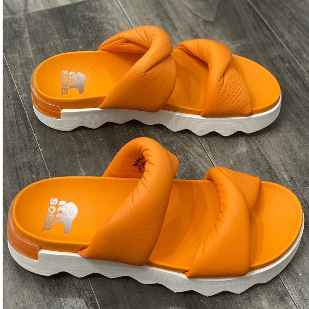 Sorel Viibe Twist Orange Leather Puffy Platform Slide Sandals Womens 8.5 Comfort - Picture 3 of 7
